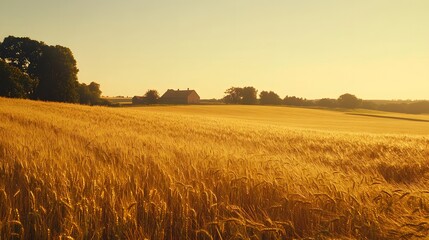 Obraz premium 195. **A field of golden barley with a distant farmhouse and clear sky.