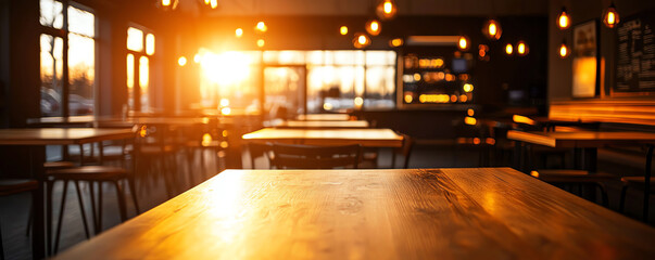 A warm sunset casts golden light in a cozy cafe, highlighting wooden tables and inviting atmosphere for relaxation.