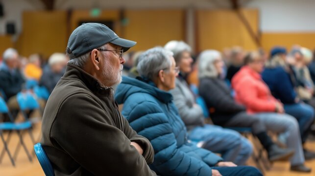 A diverse group of individuals attentively listens during an evening public meeting, discussing community concerns while seated in a hall filled with light and warmth