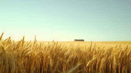 Obraz premium 195. **A field of golden barley with a distant farmhouse and clear sky.