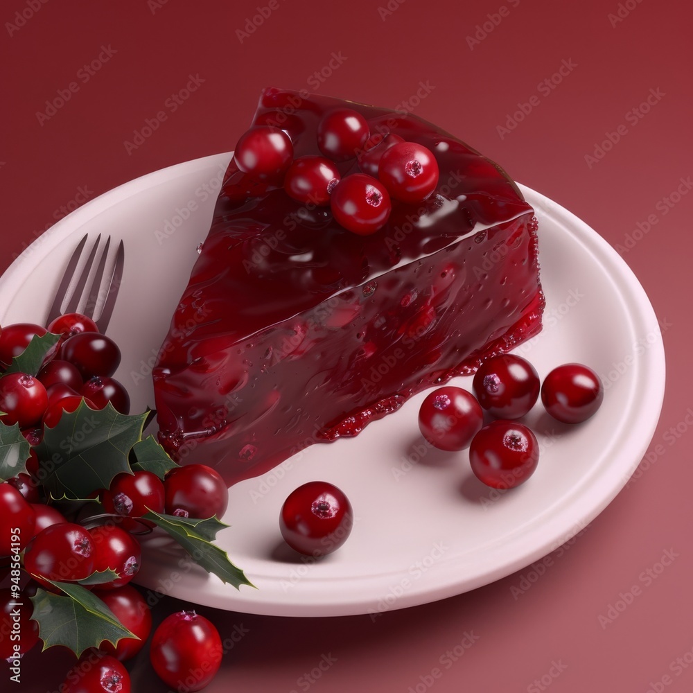 Wall mural A slice of cranberry gelatin dessert on a white plate with cranberries and holly.