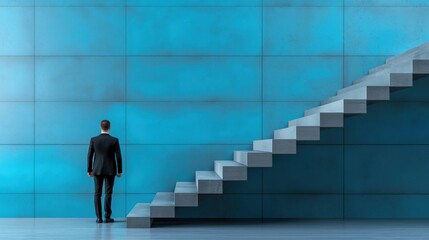 Fototapeta premium A suited man gazes at a bright blue wall with a staircase ascending, symbolizing ambition and progress in a contemporary environment