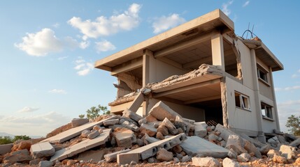 A damaged building with a partially collapsed structure is surrounded by debris, revealing the impact of an earthquake during daylight hours under a clear blue sky