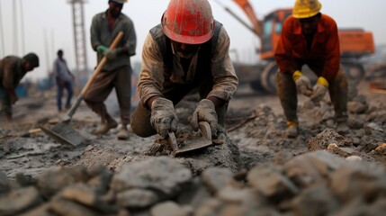 Migrant workers building infrastructure in a developing country, expressions of focus and teamwork, sense of contribution and hard labor, construction site with cranes and scaffolding