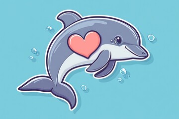 Obraz premium Cute Cartoon Dolphin Fin Making Heart Sign - Fluid Style Vector Design on Ocean Blue Background