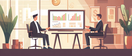A flat vector illustration of a financial planning session, a professional giving advice to a client, with investment charts and graphs displayed on a screen. Background  include financial system