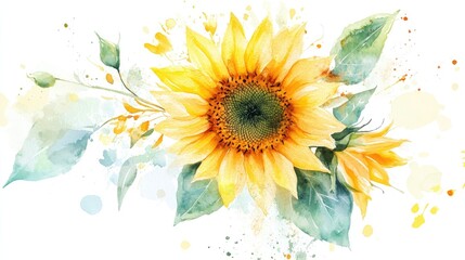 Sunflower with soft watercolor leaves and flowers, creating a gentle and artistic composition on a white backdrop.