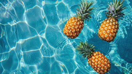 Overhead view of pineapples floating in a refreshing summer swimming pool