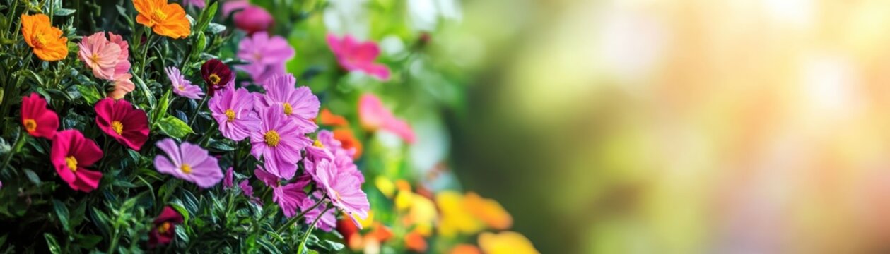 Beautiful vibrant flowers in a garden with a colorful blurred background, showcasing nature's beauty and diversity.