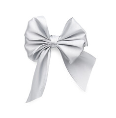 One silver satin bow isolated on white, top view