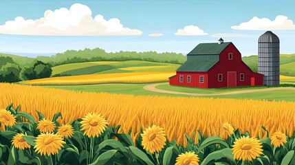 190. **A traditional farm with a red barn, silo, and fields of corn and wheat.