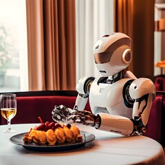 .              a robot seating of food.