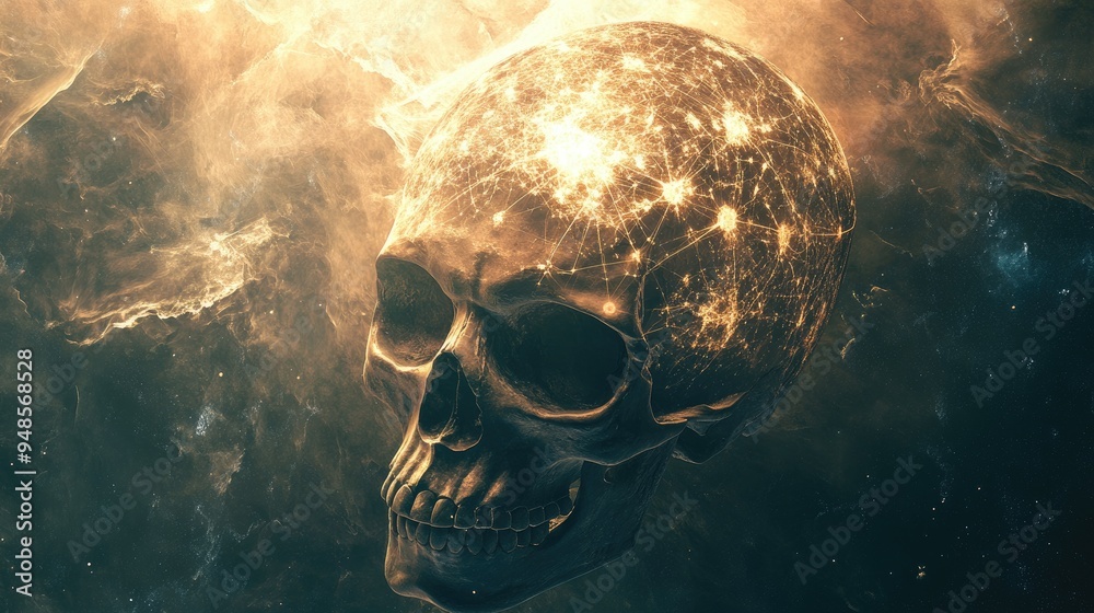 Wall mural Golden Skull with Glowing Network in Cosmic Space