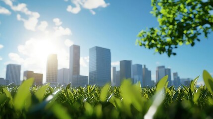 A vibrant city landscape featuring lush grass and modern buildings illuminated by the morning sun under a clear blue sky.
