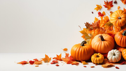 composition consisting of pumpkins and autumn leaves on a white background, free space on the left