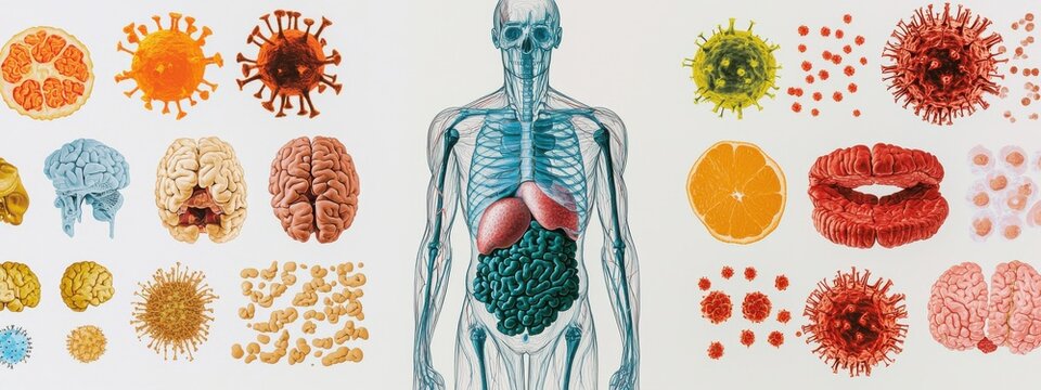 A visual journey through the layers of the human body, from the surface to the bloodstream, with each layer revealing different types of microorganisms and their roles in maintaining health