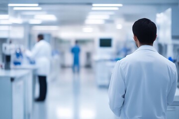 A man in a white lab coat standing in a laboratory