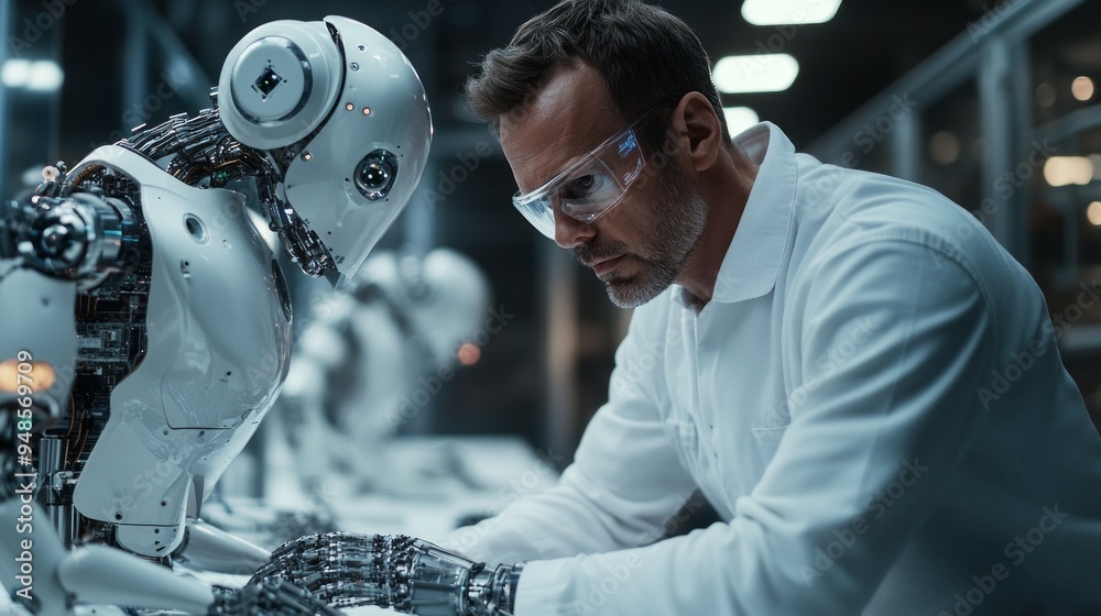 Poster a man in a white lab coat is working on a robot