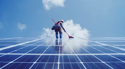 A diligent worker in cleaning attire wipes down solar panels, with the clear sky reflecting in the freshly cleaned surfaces, emphasizing maintenance and care..