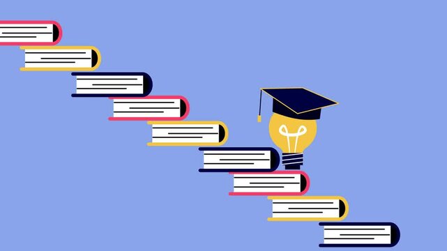 light bulbs climb stairs made of books, visualizing education, school and learning