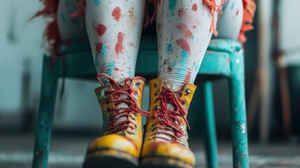 This image shows the close-up of legs adorned in colorful splatter-covered leggings, with vibrant yellow shoes, seated on a worn-out blue chair in an artistic setting.