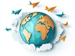 Naklejka premium A illustration in Paper cut art globe with paper airplanes flying around it