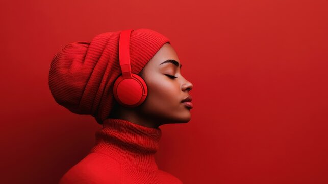 A person wearing headphones in a red background scene, combining audio technology and modern aesthetics, ideal for urban lifestyle, music, and fashion themes.