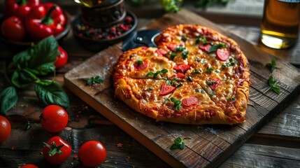 Heart-shaped pizza for a romantic Valentine's Day dinner in a cozy setting with fresh ingredients