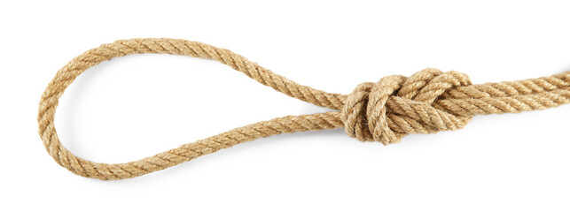 Hemp rope with loop isolated on white, top view