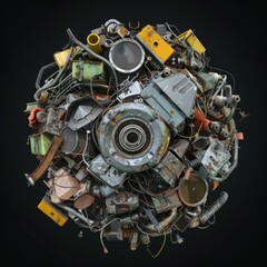 A sphere of discarded and rusty metal parts, highlighting the concept of recycling and reuse.