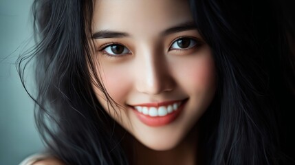 Fototapeta premium A close up of a woman with long black hair smiling