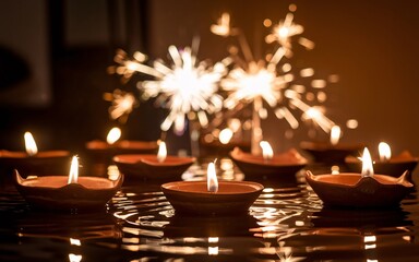 Bright Diya Lamps with Sparkler Background