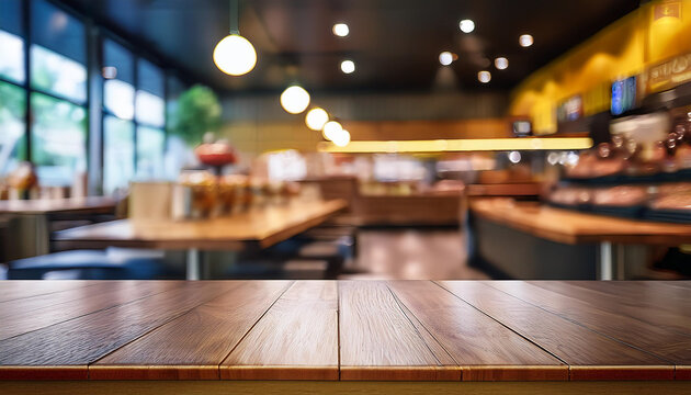 Empty wooden table in cafe setting ideal for product display featuring blurred bokeh background creating abstract for bar restaurant or coffee shop interior space for celebration business or lifestyle