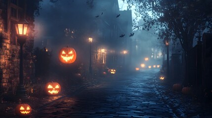 Eerie Halloween Scene with Glowing Pumpkin Jack o Lanterns on Misty Pathway
