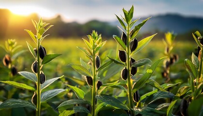A close-up of black sesame plants in a sunlit field
