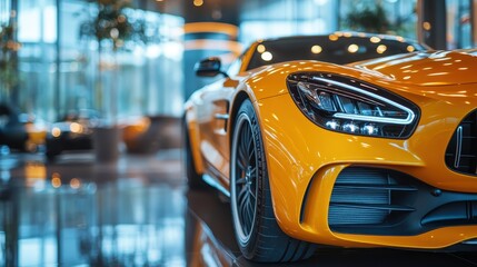 Close-up of a stylish yellow sports car in a modern showroom with sleek design and polished lighting, highlighting luxury and performance.