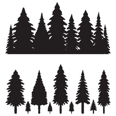 Obraz premium Beautiful hand drawn forest fir trees silhouettes, coniferous spruce horizontal background pattern, forest tree vector
