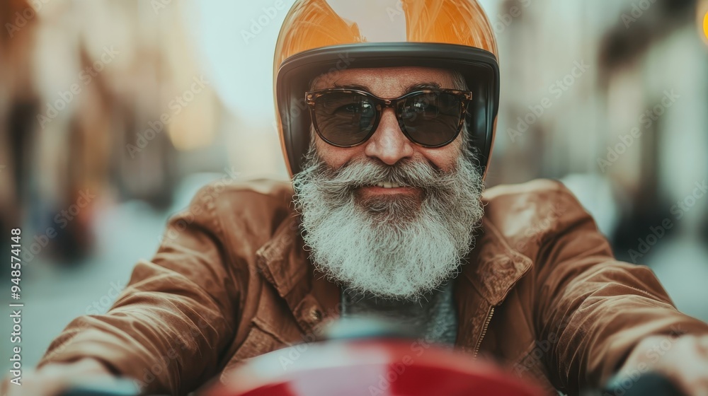 Wall mural a bearded man with gray hair rides a motorcycle, donning a helmet and sunglasses, exuding a sense of