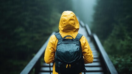 A person wearing a vibrant yellow raincoat with a backpack walks on a wooden path through a lush forest in the rain, evoking a sense of adventure and resilience.