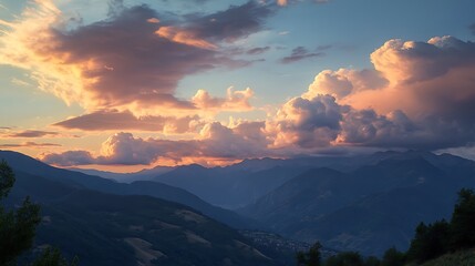 Sunset Over Mountain Valley with Dramatic Clouds