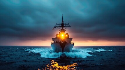 Fototapeta premium A powerful warship cuts through stormy seas, illuminated by dramatic lights against a moody sky, showcasing naval strength.