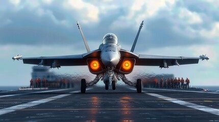 A powerful jet fighter prepares for takeoff on an aircraft carrier, showcasing advanced technology and naval aviation.