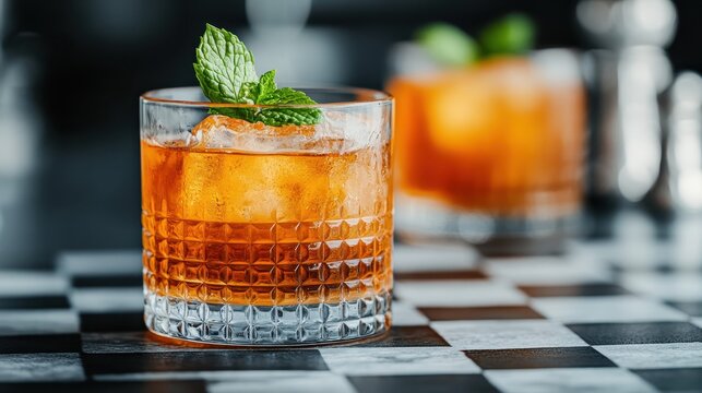 An elegant cocktail garnished with mint leaves captured in a crystal glass, placed on a chessboard, merging class with a playful game setting for a sophisticated touch.