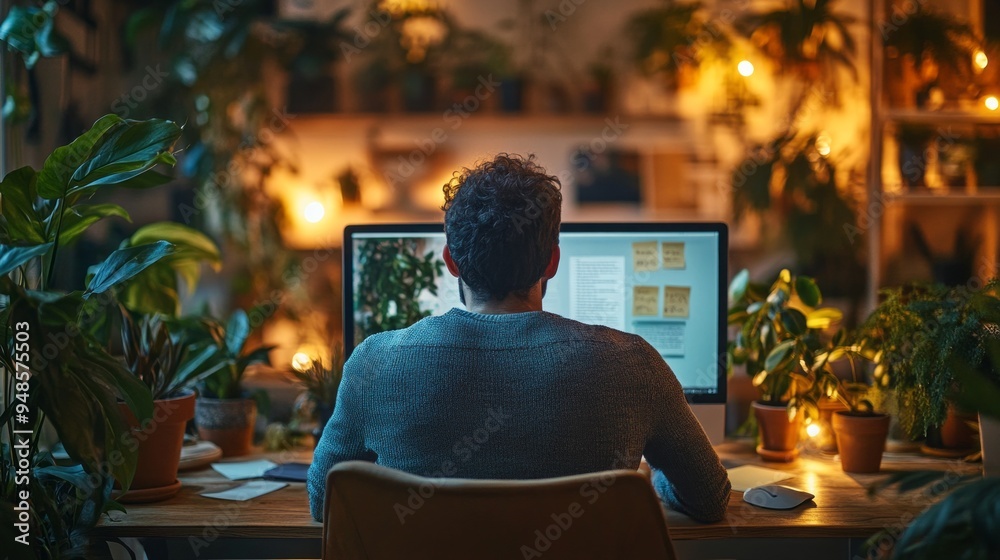 Aufkleber a man is sitting at a desk with a computer monitor in front of him
