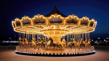 Enchanted carousel lights up the night, drawing joyful crowds of families and friends at dusk in a vibrant amusement park setting