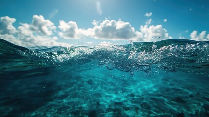 Underwater bubbles and bright blue sky.