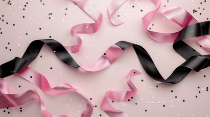 Promotional giveaway banner featuring pink and black ribbons and confetti for a special event