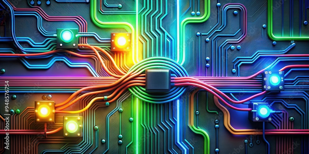 Poster electric circuit abstract background with colorful wires, components, and symbols, technology, elect