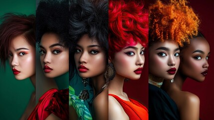 Obraz premium girls from different countries with different skin and hair colors. Asian, Scandinavian, African-American posing cheerfully and emotionally on a pink background, celebrating women's day,generative ai