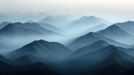 An image of mountains fading into misty layers under muted sunrise lighting, creating a sublime and serene natural scene that evokes feelings of tranquility.